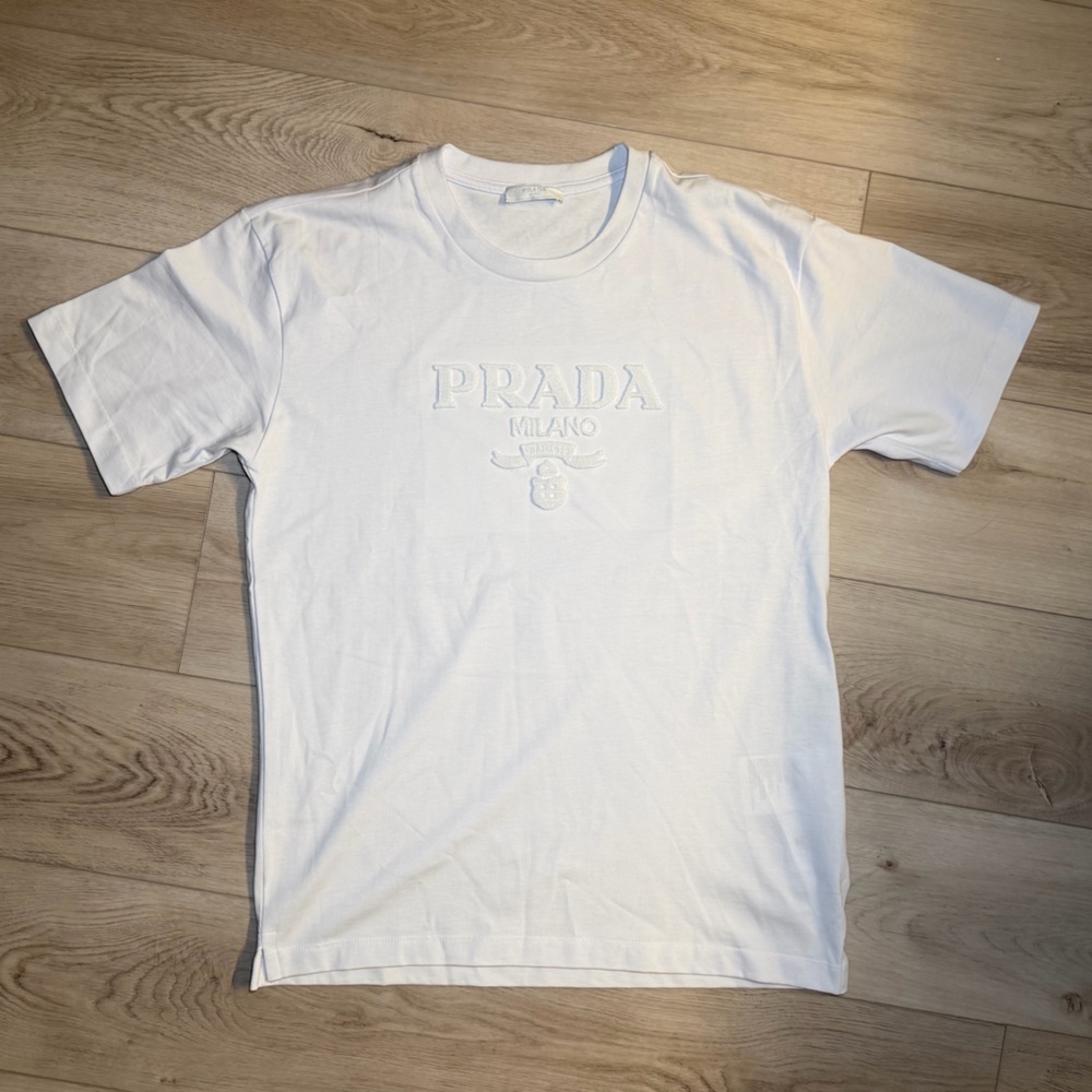 Prada White Embroidered Logo Tee